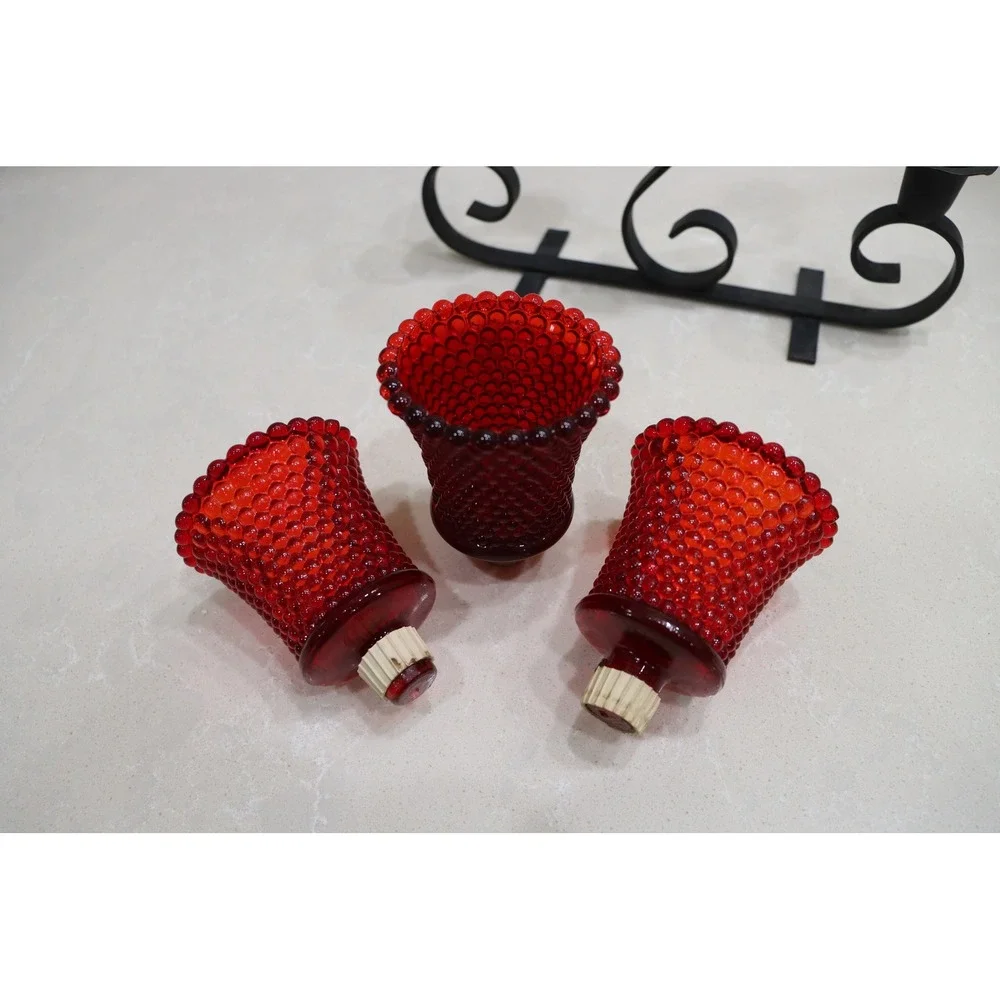 Wrought Iron Candelabra with 3 Red Hobnail Glass Votive Taper Holders Black